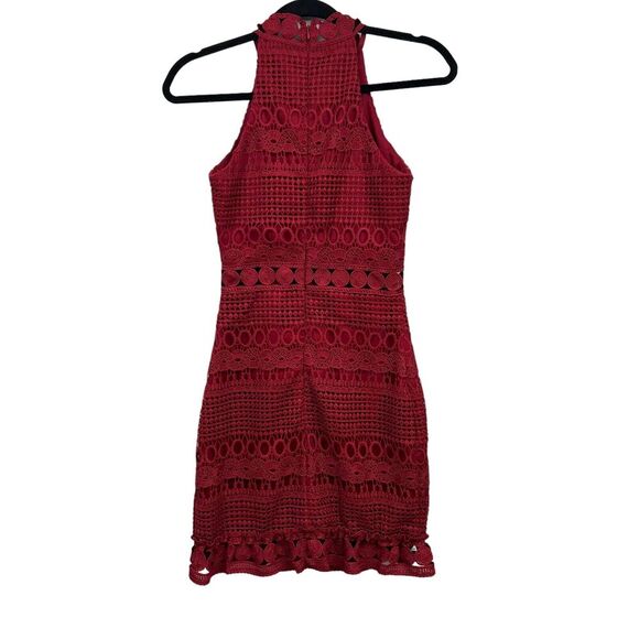 Two Sisters Womens Sheath Halter Dress Lace Eyelet Ruffled Hem Lined Zip Red 6 - Picture 3 of 6